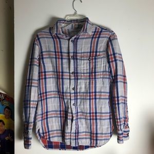 Red white and blue plaid button down